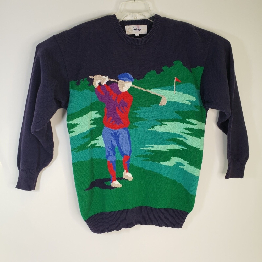 Vintage 90s Pringle of Scotland Blue Cotton Golf Sweater Hand Intarsia Large